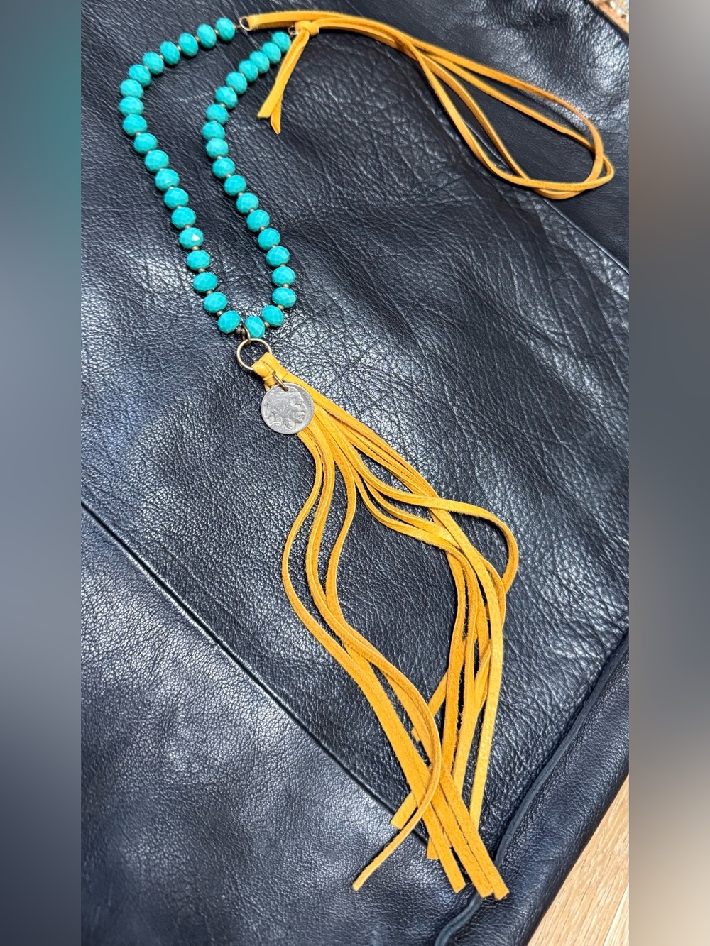 Turquoise Beaded Necklace with Mustard Suede Tassel and Coin Pendant